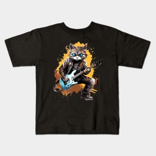 Rockstar Cat Playing Electric Guitar Kids T-Shirt